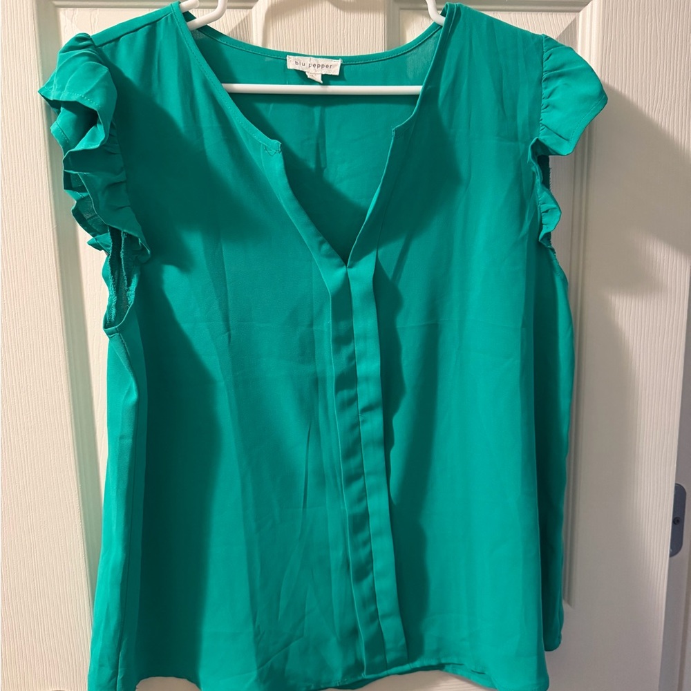 Blu Pepper Teal Ruffle Sleeve Blouse